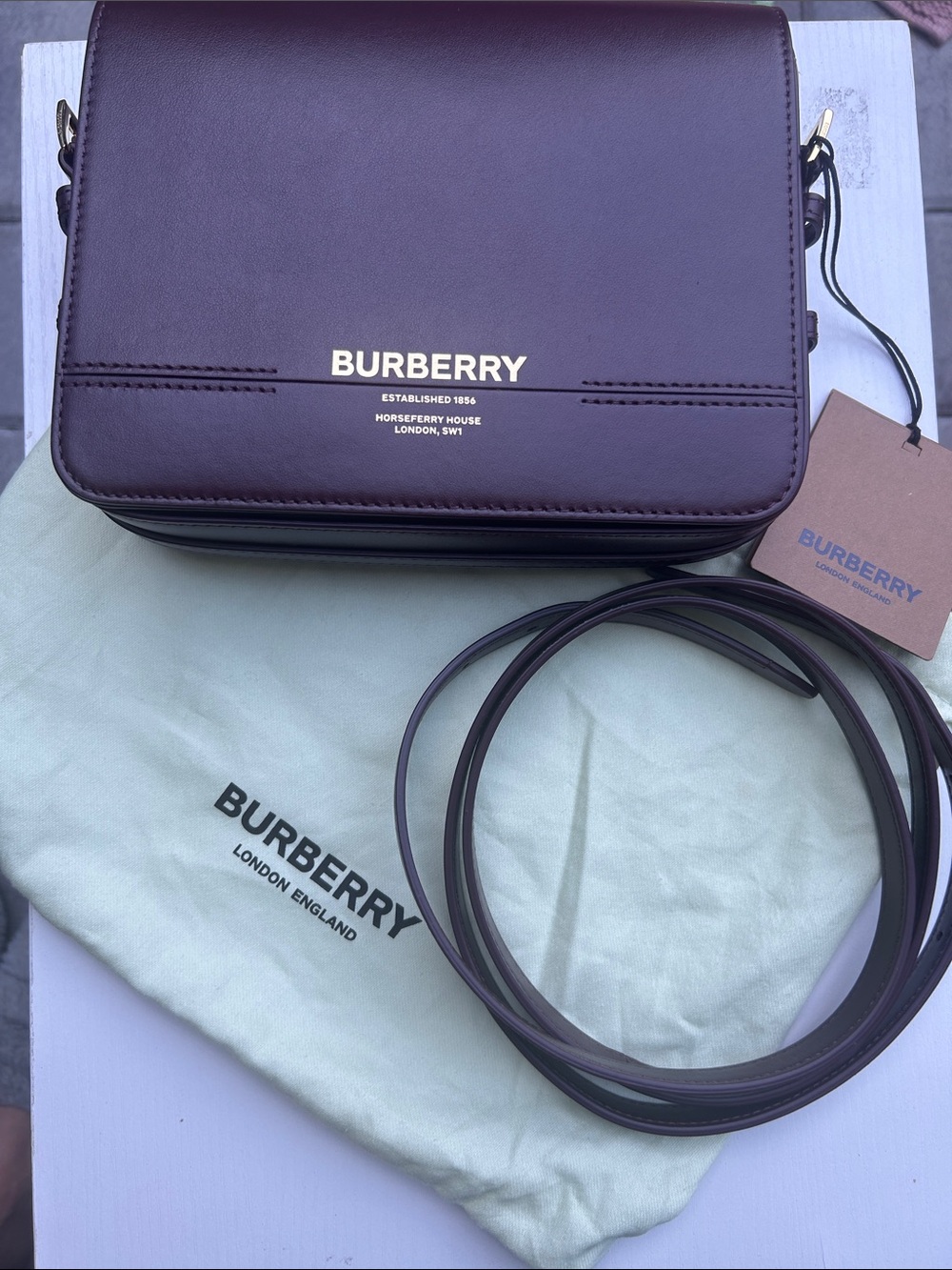 AUTHENTIC Burberry Plum Leather Crossbody Bag with Gold Logo